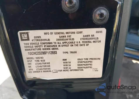 2006 Chevrolet Silverado 2500Hd Lt2 из США, поврежденный, VIN 1GCHC23206F112693